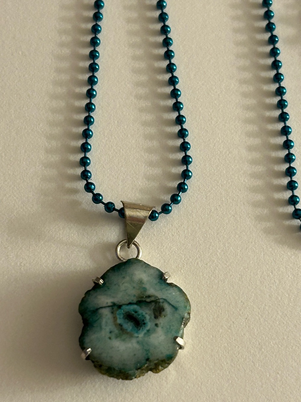 NWOT Necklace Solar Quartz  green-teal stone, silver bezel,  22” teal Ball chain